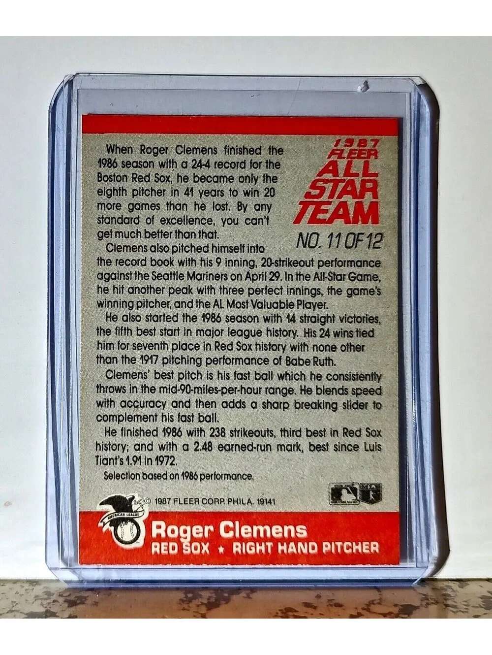 Roger Clemens 1987 Fleer All-Star Team MLB #11 Baseball Card Boston Red Sox